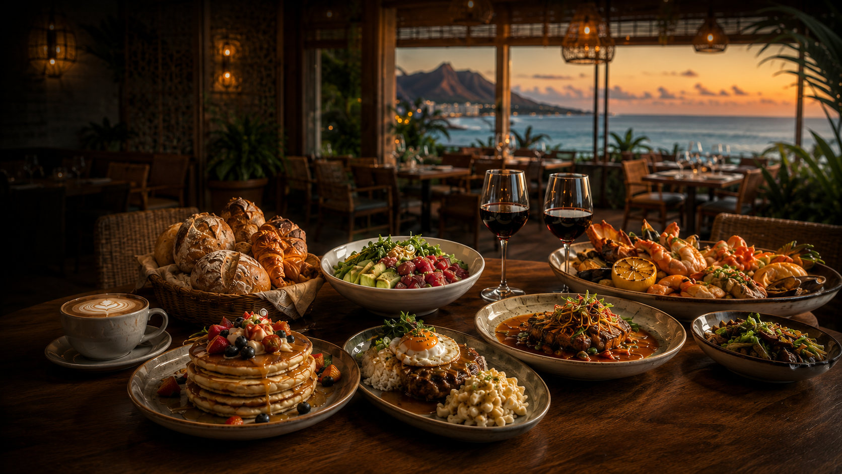 A table of Oʻahu dishes in an oceanfront restaurant at sunset